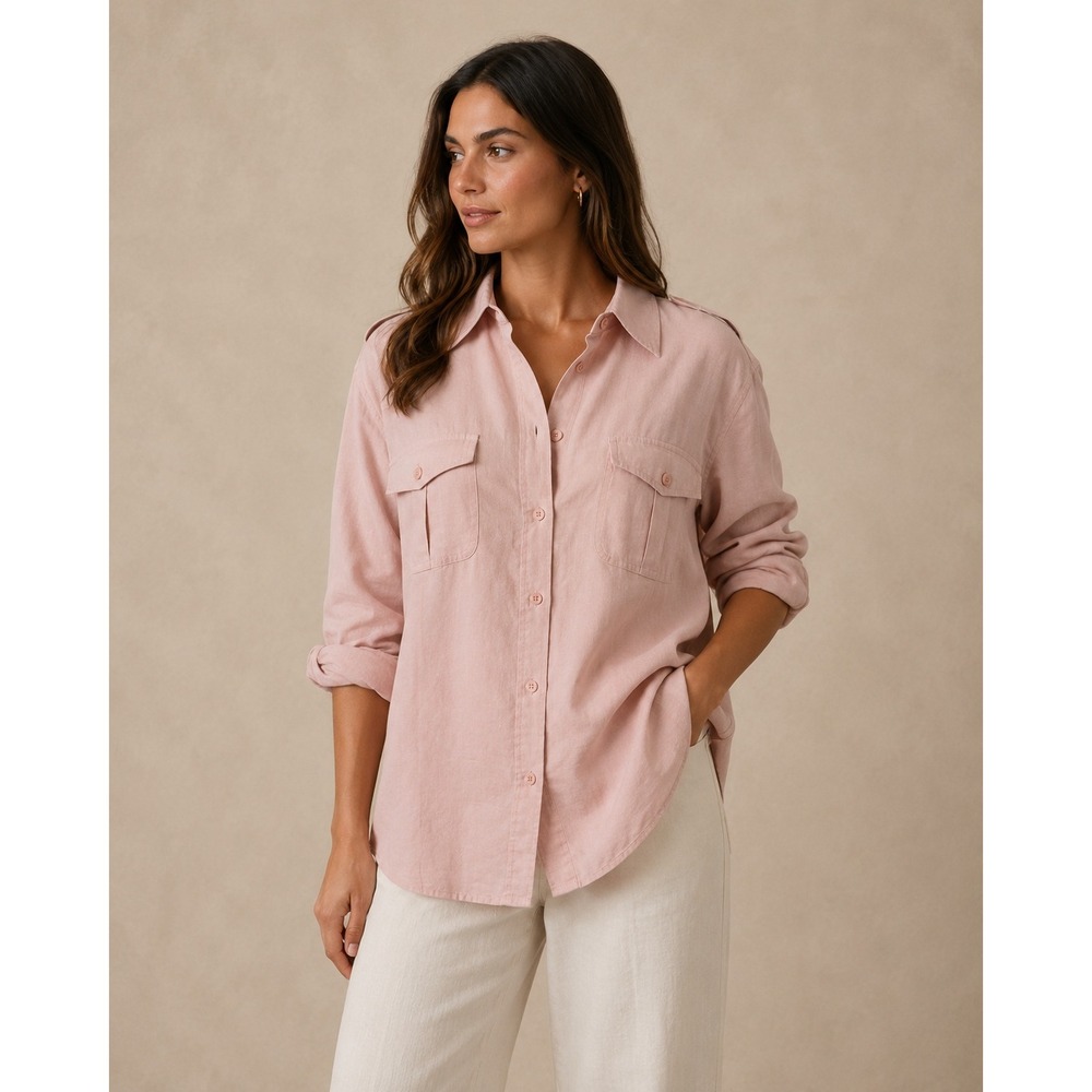 Liz Claiborne Button Down Women 1X Pink Linen Roll Tab Utility Top Minimalist